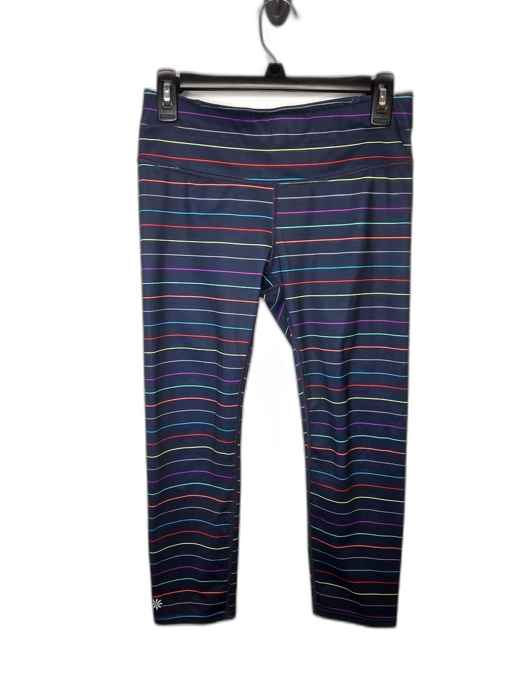 Athleta Navy Leggings with Neon Pink, Aqua & Orange Stripes